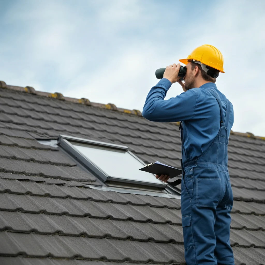 Inspecteur examinant la toiture d'une maison avec des jumelles avant un achat immobilier en Belgique