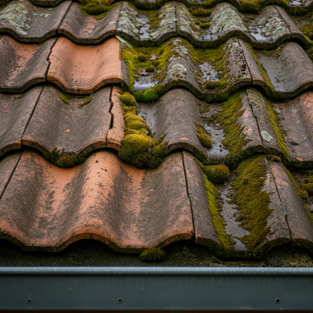 Toiture belge avec tuiles anciennes usees et moussues a cote d'une section de tuiles neuves
