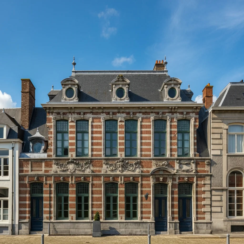 Toiture en ardoise restauree d'un batiment classe au patrimoine en Belgique