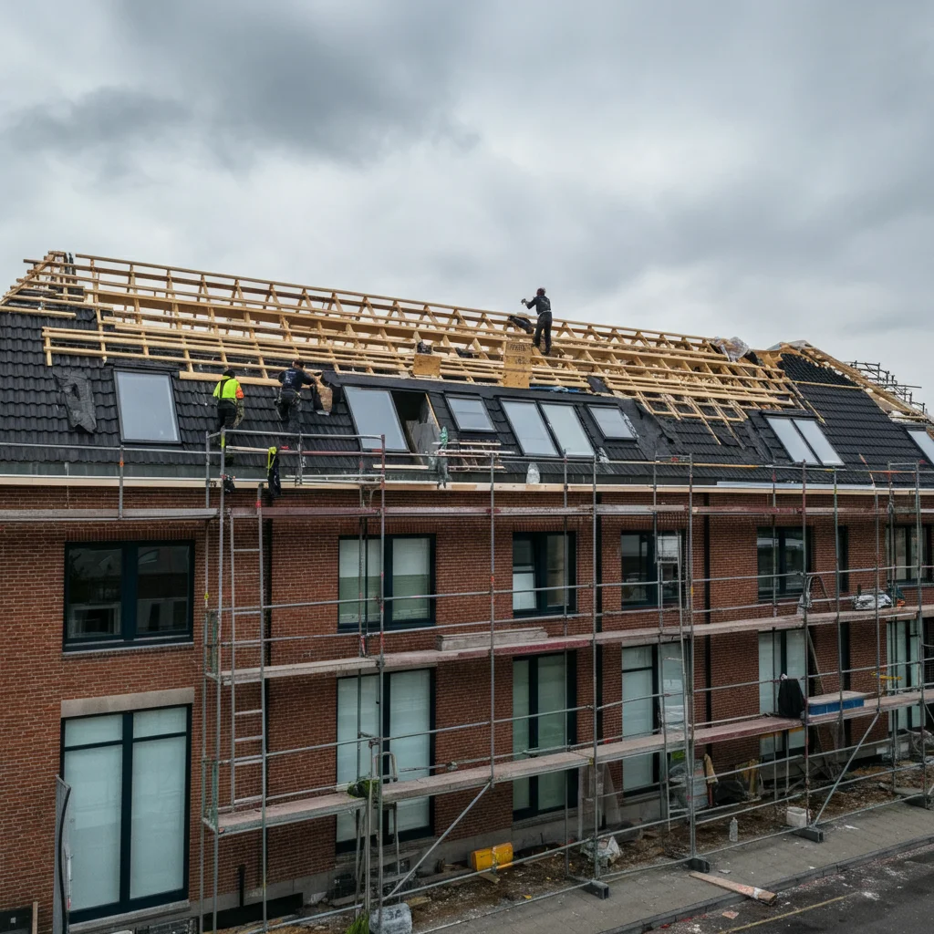 Immeuble a appartements belge en briques avec toiture en renovation et echafaudage
