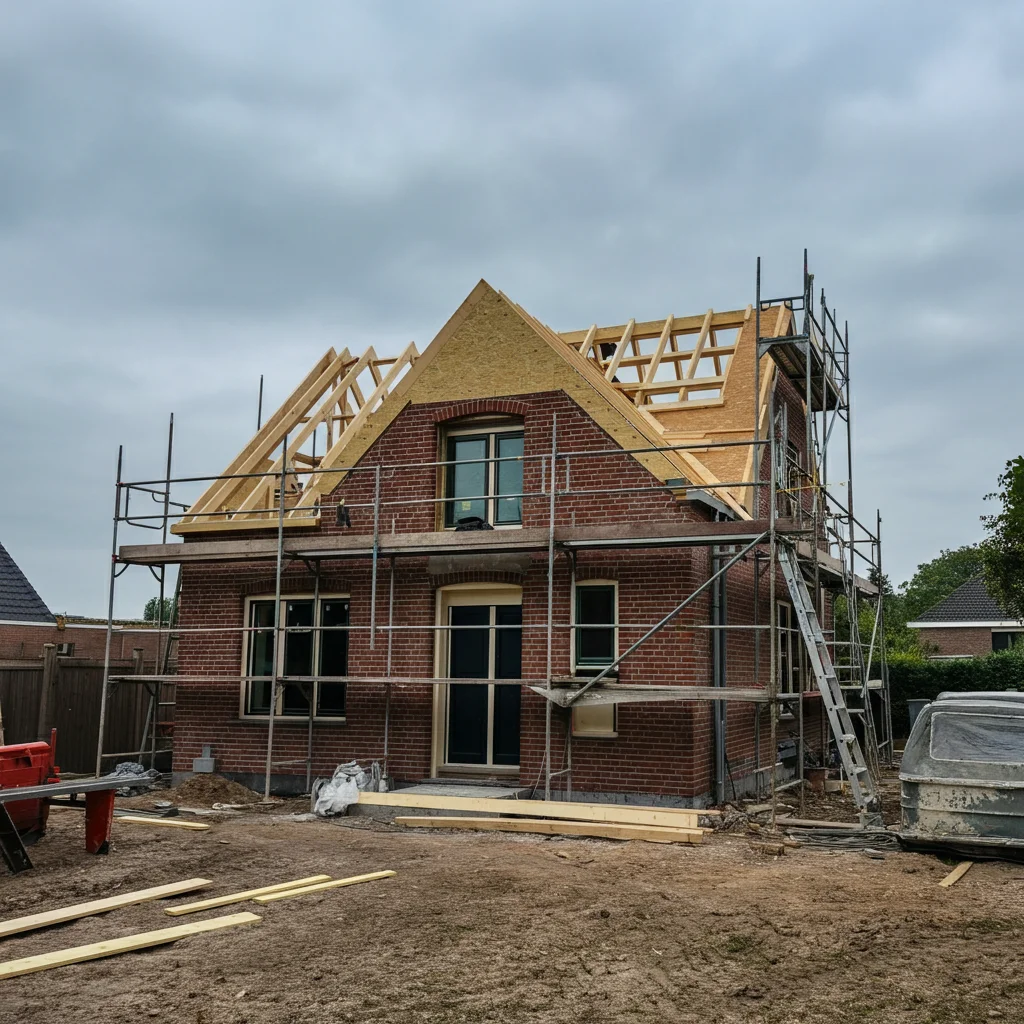 Chantier de surelevation de toiture d'une maison belge avec charpente en bois