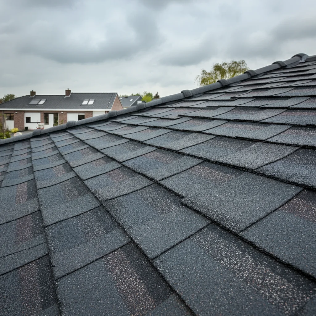 Toiture en shingle (bardeaux bitumineux) gris anthracite sur une maison belge